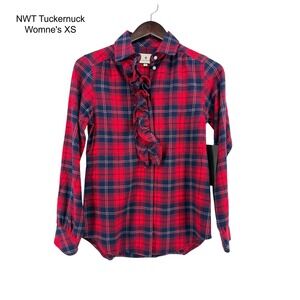 NWT Tuckernuck Womens XS Red Navy Plaid Ruffle Front Flannel Button Down Shirt